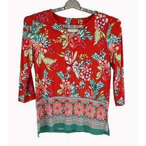 Pappagallo Medium Floral 3/4 Sleeve Top V-Neck Lightweight Casual Blouse Orange